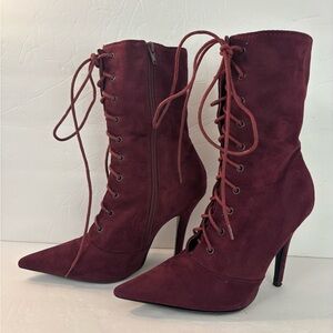 FASHION NOVA Burgundy Suede Lace-Up Stiletto Boots Size 6.5